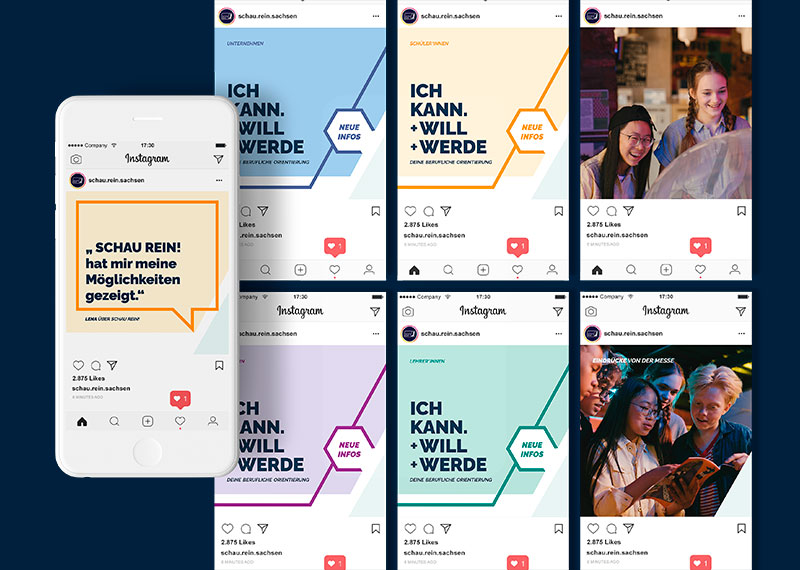 Grafik: Verschiedene Instagram-Posts auf Smartphones