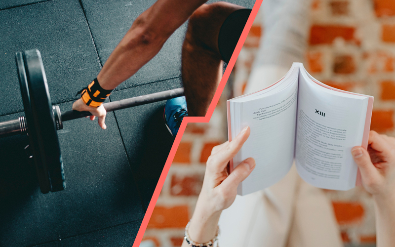 Fotomontage: Eine diagonale Linie trennt eine Person mit einer Hantelstange von einer anderen mit einem offenen Buch.