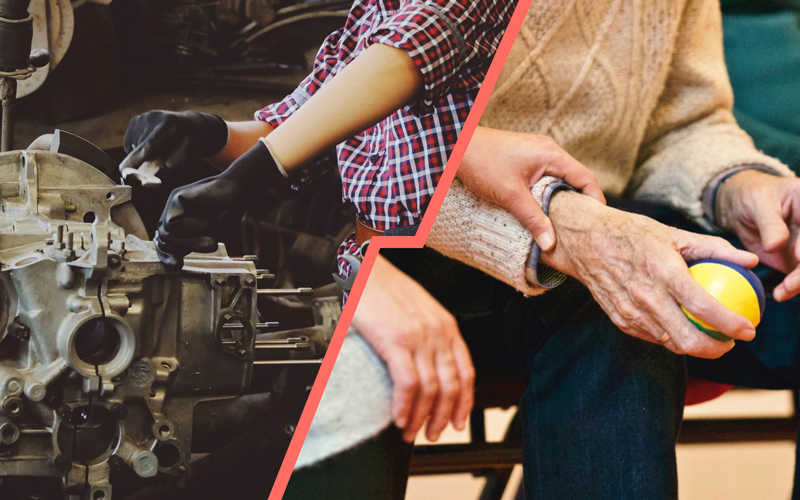 Fotomontage: Eine diagonale Linie trennt eine Person neben einer Maschine von einer anderen, die neben einer weiteren Person sitzt und deren Handgelenk hält, welches einen Ball hält.