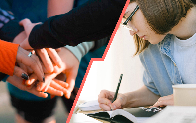 Fotomontage: Eine diagonale Linie trennt viele Hände übereinander von einer Person, die in einem Heft schreibt.