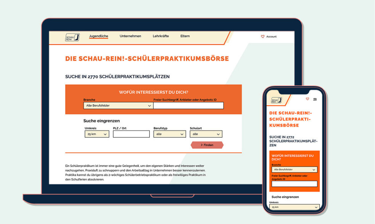Grafik: Startseite Schülerpraktikum auf Desktop und Smartphone