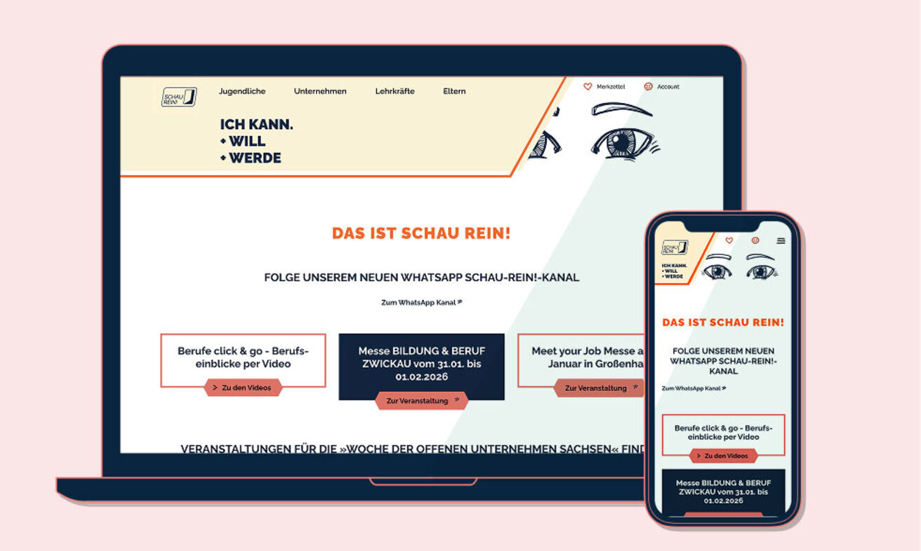 Grafik: Startseite SCHAU REIN! auf Desktop und Smartphone