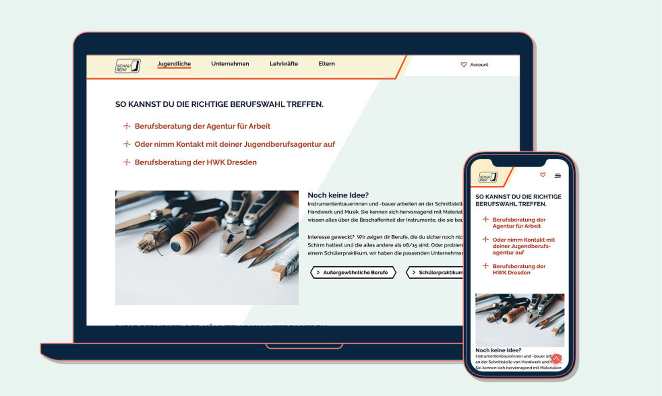 Grafik: Seite Berufsberatung auf Desktop und Smartphone
