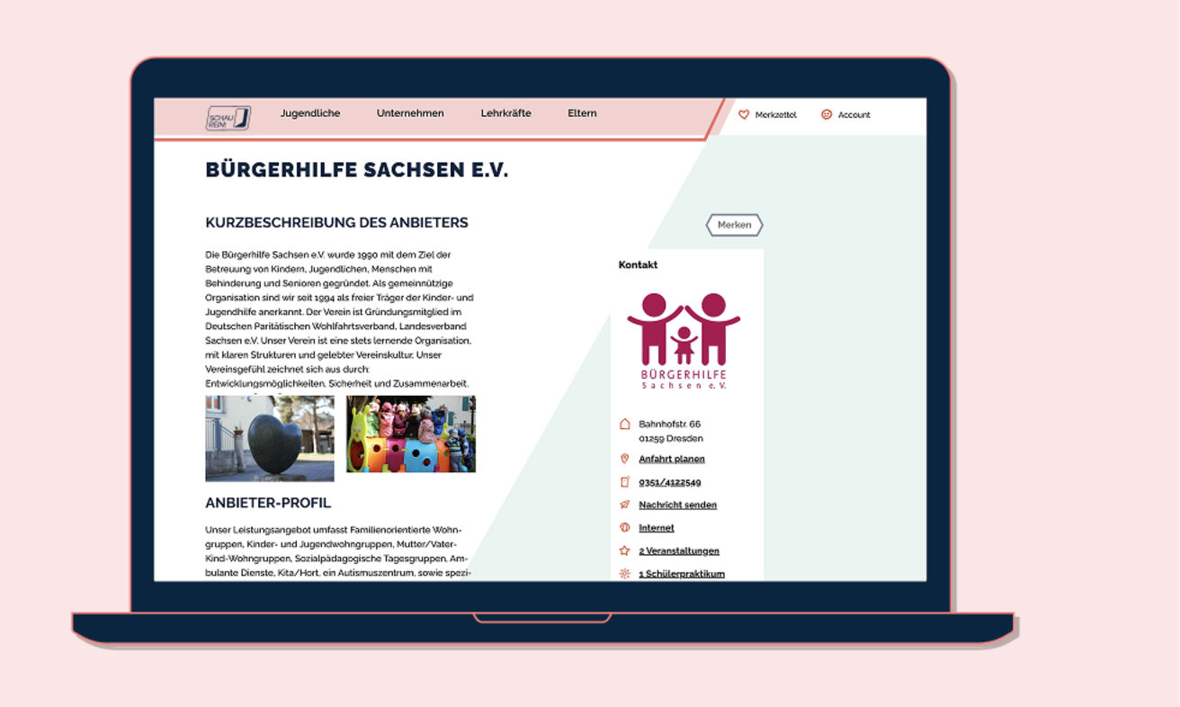 Anbieterdetailseite auf der Platfform SCHAU REIN!