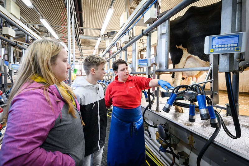 Foto: Eine Frau zeigt zwei Jugendlichen eine Melkmaschine